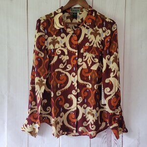 NWT 2OH Threads Two Old Hippies 100% Silk, Long Sleeve Button Front Shirt, M,